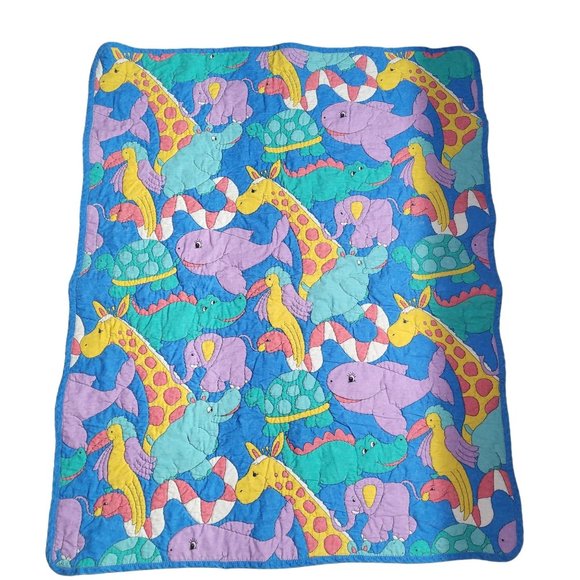 VTG Childrens Baby Blanket Quilt Pastel Animals Sea Life Blue Nursery - Picture 2 of 7
